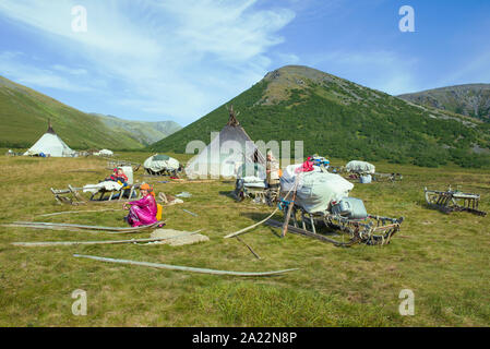 POLAR URAL, Russia - 27 agosto 2018: Solare agosto giorno sul campo della moderna gli allevatori di renne Foto Stock