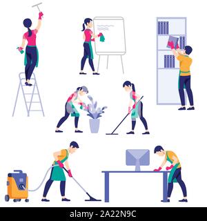 Set di pulizia personale di società diverse pose. Un uomo con un aspirapolvere. Donna con secchi e scope. Illustrazione Vettoriale in uno stile piatto Illustrazione Vettoriale