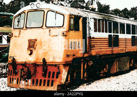 La pittura ad acquerello trenino giallo, Thailandia treno . giallo locomotiva diesel arresto del treno alla stazione di pubblico Foto Stock