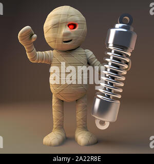 Cartoon 3d mummia egiziana monster tenendo un ammortizzatore di sospensione, 3D render illustrazione Foto Stock