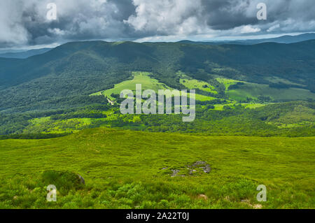 Sun patch sul verde della vegetazione in montagna in una giornata nuvolosa Foto Stock