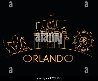 Attrazioni di Orlando oro linea curva su sfondo nero. Vacanze Card. Illustrazione Vettoriale