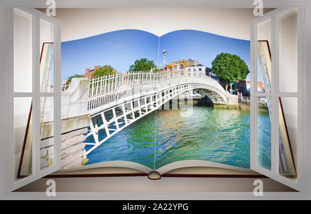 Il più famoso ponte di Dublino chiamato 'Half penny Bridge' a causa del pedaggio imposto per il passaggio visto da una finestra - 3D render aperto photo book ho Foto Stock