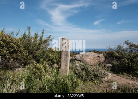 Sassiritti è un sito archeologico in campagna nei pressi di San Piero in Campo. I quattro menhir inizialmente composta di un tipico allineamento di monoliti Foto Stock