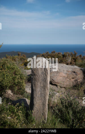 Sassiritti è un sito archeologico in campagna nei pressi di San Piero in Campo. I quattro menhir inizialmente composta di un tipico allineamento di monoliti Foto Stock