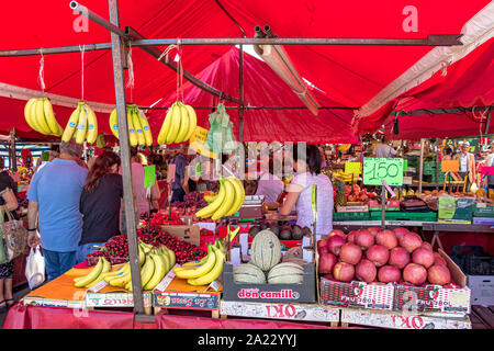 La gente lo shopping al mercato di Porta Palazzo , uno dei più grandi mercati all'aperto in Europa la vendita di una grande varietà di prodotti freschi , Torino , Italia Foto Stock