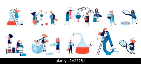Scienze Biochimiche il personale del laboratorio vettore illustrazione piana. Icone colorate set con esecuzione di vari esperimenti isolato Illustrazione Vettoriale