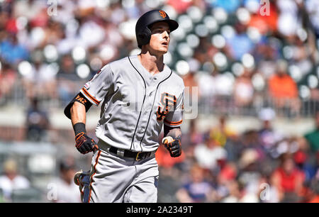 22 settembre 2019: San Francisco Giants outfielder Mike Yastrzemski corre lungo la prima linea di base durante il sesto inning di gioco MLB contro Atlanta Braves a SunTrust Park di Atlanta, GA. Austin McAfee/CSM Foto Stock