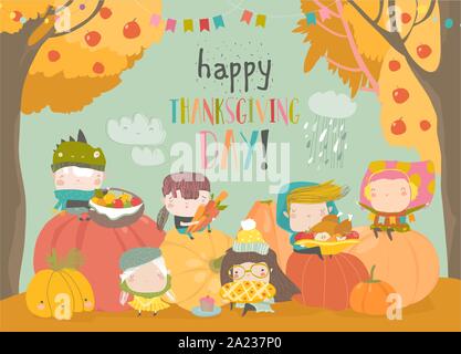 Cartoon bambini la raccolta in giardino d'autunno. Felice giorno del Ringraziamento Illustrazione Vettoriale