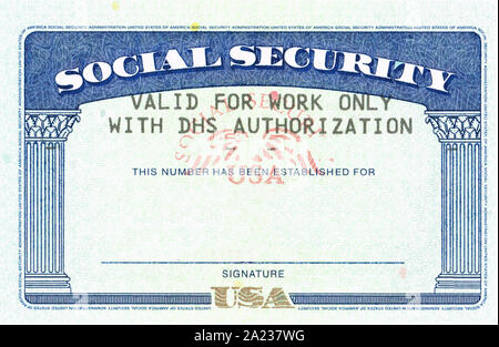 Tessera di previdenza sociale vuoto ssn originale con testo autorizzazione DHS Foto Stock