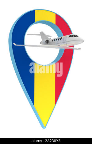 Aereo privato con pin bandiera di navigazione della Romania. Il rendering 3D Foto Stock