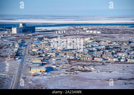 Città di Churchill dall'aria all'inizio dell'inverno, Churchill, Manitoba, Canada Foto Stock