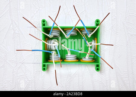 I lavori di tipo elettrico, l'installazione del cablaggio domestico. Molti fili di rame sporgono dal verde della scatola di giunzione. Collegamento condotto di distribuzione elettrica Foto Stock
