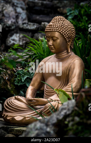 Golden statua del Buddha in un giardino di pietra con piante verdi in background Foto Stock