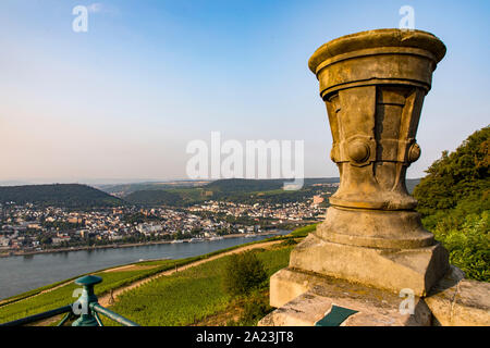 Rüdesheim am Rhein, Hessen, Germania, vista panoramica dal Monumento Niederwald oltre il Reno a Bingen nella Renania-Palatinato, Germania Foto Stock