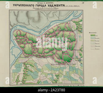 Osada ho shturm ukrieplennago goroda Khodzhenta s 17 po 24 Maia 1866 goda. / Topografo Chertil U.O. Filippov. Foto Stock