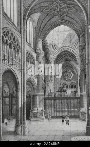 España. A Burgos. Interior de la Catedral, dedicada a la Virgen María. Su construcción se inició en 1221 en estilo gótico. Vista del crucero. Dibujo de Antonio Hebert. De Grabado Severini. La Ilustración Española y americana, 8 de agosto de 1884. Foto Stock