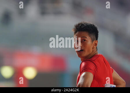 Doha in Qatar. Il 30 settembre, 2019. Xie Zhenye della Cina reagisce dopo la Uomini 200m semifinale al 2019 IAAF mondiale di atletica a Doha, in Qatar, Sett. 30, 2019. Credito: Wang Jingqiang/Xinhua/Alamy Live News Foto Stock