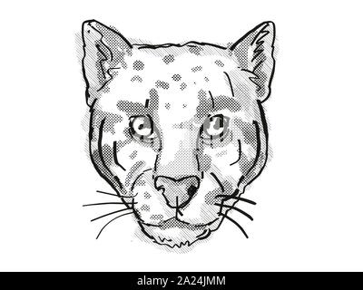 Rétro in stile cartoon disegno della testa di un leopardo nuvola o Neofelis nebulosa , una fauna selvatica minacciate di estinzione di specie isolato su sfondo bianco fatto in bl Foto Stock