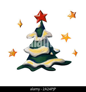 Albero di Natale senza decorazioni. Anno nuovo icona con una stella rossa e la neve isolato su uno sfondo bianco. Foto Stock