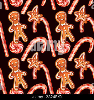 Modello senza cuciture con biscotti di Natale. La canna da zucchero caramellato, lecca-lecca, gingerbread cookie con cannella nella forma di una stella e di un omino di pan di zenzero su un d Foto Stock