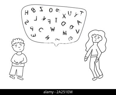 Un ragazzo e una ragazza con il discorso di bolla e lettere. Vector illustartion in doodle stile. Illustrazione Vettoriale