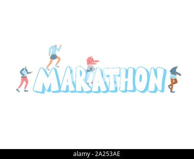 Il gigante della maratona testo stilizzato con piccole guide. Illustrazione Vettoriale. Illustrazione Vettoriale