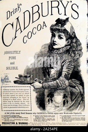 Cadbury's cacao (cioccolato) pubblicità che mostra un epoca vittoriana ragazza portante un Cadbury cacao della bevanda. Circa 1885 Foto Stock