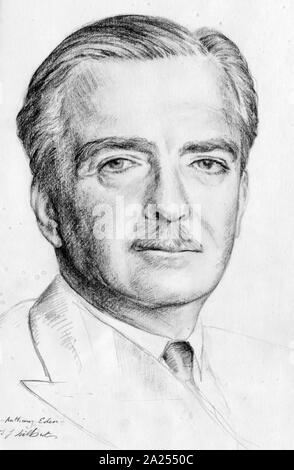 Matita Ritratto di Robert Anthony Eden, 1° Conte di Avon, (1897 - 1977) British politico conservatore che ha servito tre periodi come Segretario di Stato per gli affari esteri. Il primo ministro del Regno Unito dal 1955 al 1957 da J J Hilbert. Foto Stock