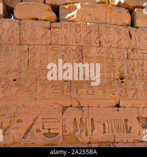 Rilievo scolpite al Tempio di Karnak, complesso di Luxor in Egitto. La costruzione del complesso ha iniziato durante il regno di Senusret I nel Regno di Mezzo e continuato nel periodo tolemaico, sebbene la maggior parte degli edifici esistenti data dal Nuovo Regno. La zona intorno a Karnak è stata il principale luogo di culto della XVIII dinastia Theban Triad con il dio Amon come la sua testa. Essa è parte della città monumentale di Tebe. Foto Stock