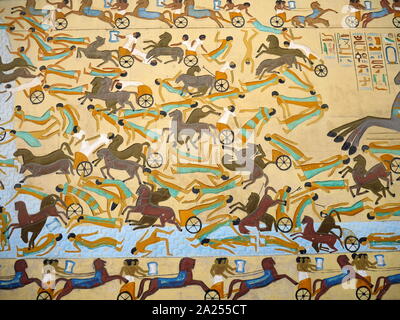La ricostruzione di un affresco dipinto raffigurante una scena di battaglia nell'antico Egitto. Foto Stock