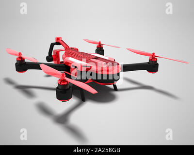 Moderna red dot drone rosso con inserti neri sul retro 3D render su uno sfondo grigio con ombra Foto Stock