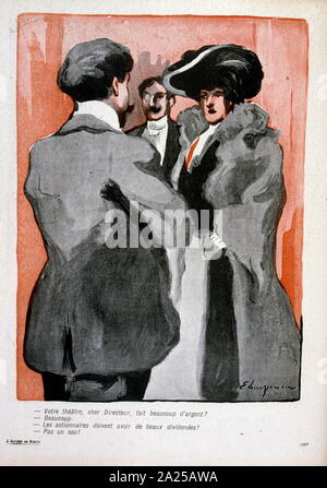 Illustrazione datata 1906, nella rivista francese, raffigurante un uomo e una donna in una conversazione aziendale Foto Stock