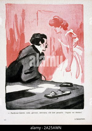 Illustrazione datata 1906, nella rivista francese, raffigurante un uomo e una donna in una conversazione aziendale Foto Stock