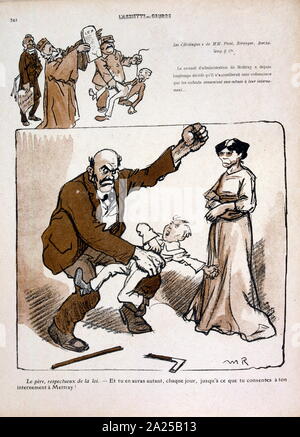 Satirico francese illustrazione, 1909, mostrando, bambino punito fisicamente in un impianto di correzzione. (In alto a sinistra con la barba) Georges Marie Rene Picot; avvocato francese e storico. Foto Stock
