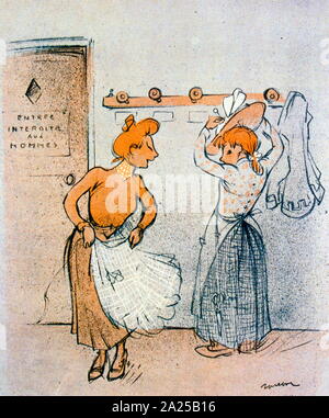 Satirico francese illustrazione, 1909, che mostra due donne che arrivano in una fabbrica a lavorare Foto Stock