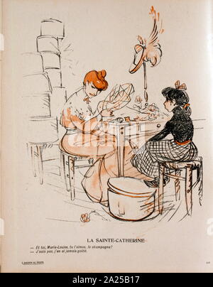 Satirico francese illustrazione, 1909, mostrando una donna e una ragazza in un cappello shop Foto Stock
