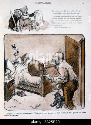Satirico francese illustrazione, 1909, mostrando i bambini svegliati brutalmente per lavorare in un impianto di correzzione Foto Stock