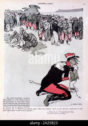 Satirico francese illustrazione del 1909, mostrando gli scioperi in Francia come truppe unire i lavoratori a dispetto degli ordini Foto Stock