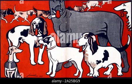 Satirico francese illustrazione del 1909, mostrando i cani cercando su un pedigree piccolo cane. 1907 Foto Stock