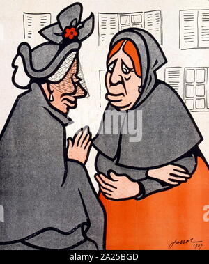 Satirico francese illustrazione del 1909, che mostra due donne anziane spettegolare in una strada. 1907 Foto Stock