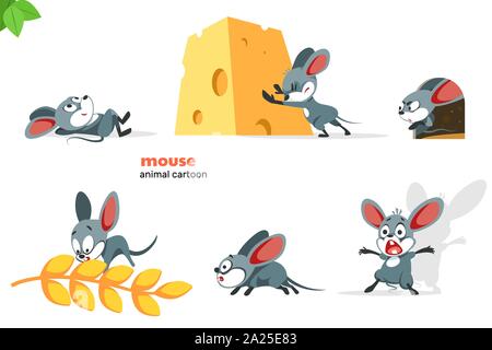 Set di mouse simpatico personaggio con diversa azione pone, isolato su sfondo bianco Illustrazione Vettoriale