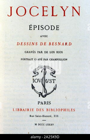 Pagina del titolo di "Jocelyn e La scivolo d'onu ange' 1885 la storia scritta nel 1836, da Alphonse Marie Louis de Prat de Lamartine, Cavaliere di Pratz (1790 - 1869), scrittore francese, poeta e uomo politico che è stato determinante nella fondazione della Seconda Repubblica e la continuazione del Tricolore come la bandiera della Francia. Foto Stock