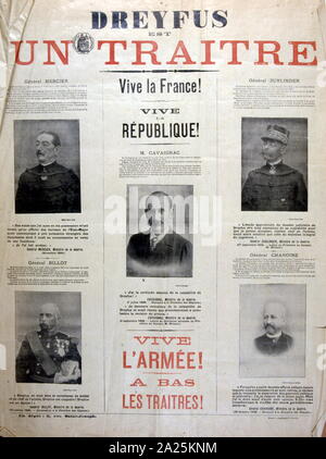 Poster contro Alfred Dreyfus (1859 - 1935), un ebreo francese ufficiale d'artiglieria la cui prova e convinzione nel 1894 per le accuse di tradimento è diventato uno dei più tesa drammi politico nella moderna storia francese con una vasta eco in tutta l'Europa. Oggi noto come affare Dreyfus, l'incidente alla fine si è conclusa con Dreyfus completo esonero. Foto Stock
