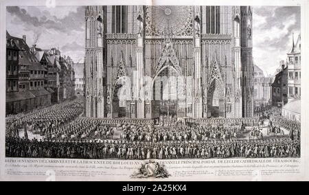 Xviii secolo illustrazione di Luigi XV Re di Francia regnò 1715 - 1774 arrivando alla cattedrale di Strasburgo, 1744. Louis XV (15 febbraio 1710 - 10 Maggio 1774), noto come Louis Amato, era un monarca della Casa di Borbone che governarono come Re di Francia a partire dal 1 Settembre 1715 fino alla sua morte nel 1774 Foto Stock