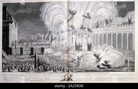 Xviii secolo illustrazione delle celebrazioni per Luigi XV, Re di Francia, regnò 1715 - 1774 arrivando a Strasburgo, 1744. Louis XV (15 febbraio 1710 - 10 Maggio 1774), noto come Louis Amato, era un monarca della Casa di Borbone che governarono come Re di Francia a partire dal 1 Settembre 1715 fino alla sua morte nel 1774 Foto Stock