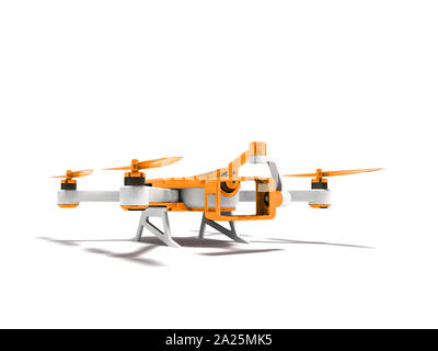 Moderno quadrocopter arancione con un inserimento di un'azione fotocamera 3D rendering su sfondo bianco con ombra Foto Stock