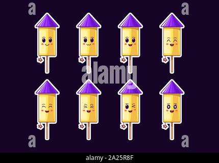 Cartoon Kawaii fuochi d' artificio rocket, Natale di adesivi. Nuovo anno e Xmas collezione di fuochi d'artificio carino con bruciare il fusibile e di emozioni. Festive Characte Illustrazione Vettoriale