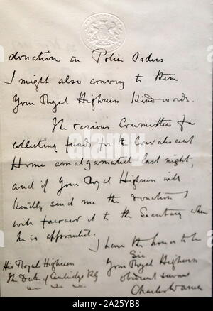 Lettera indirizzata al Duca di Cambridge da Sir Charles Warren ringraziandolo per la sua donazione all'ufficio di polizia. Sir Charles Warren (1840-1927) un ingegnere britannico che è stato nominato il commissario capo della polizia metropolitana nel marzo 1886. Foto Stock