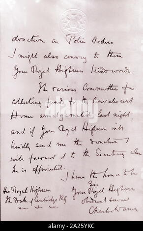 Lettera indirizzata al Duca di Cambridge da Sir Charles Warren ringraziandolo per la sua donazione all'ufficio di polizia. Sir Charles Warren (1840-1927) un ingegnere britannico che è stato nominato il commissario capo della polizia metropolitana nel marzo 1886. Foto Stock